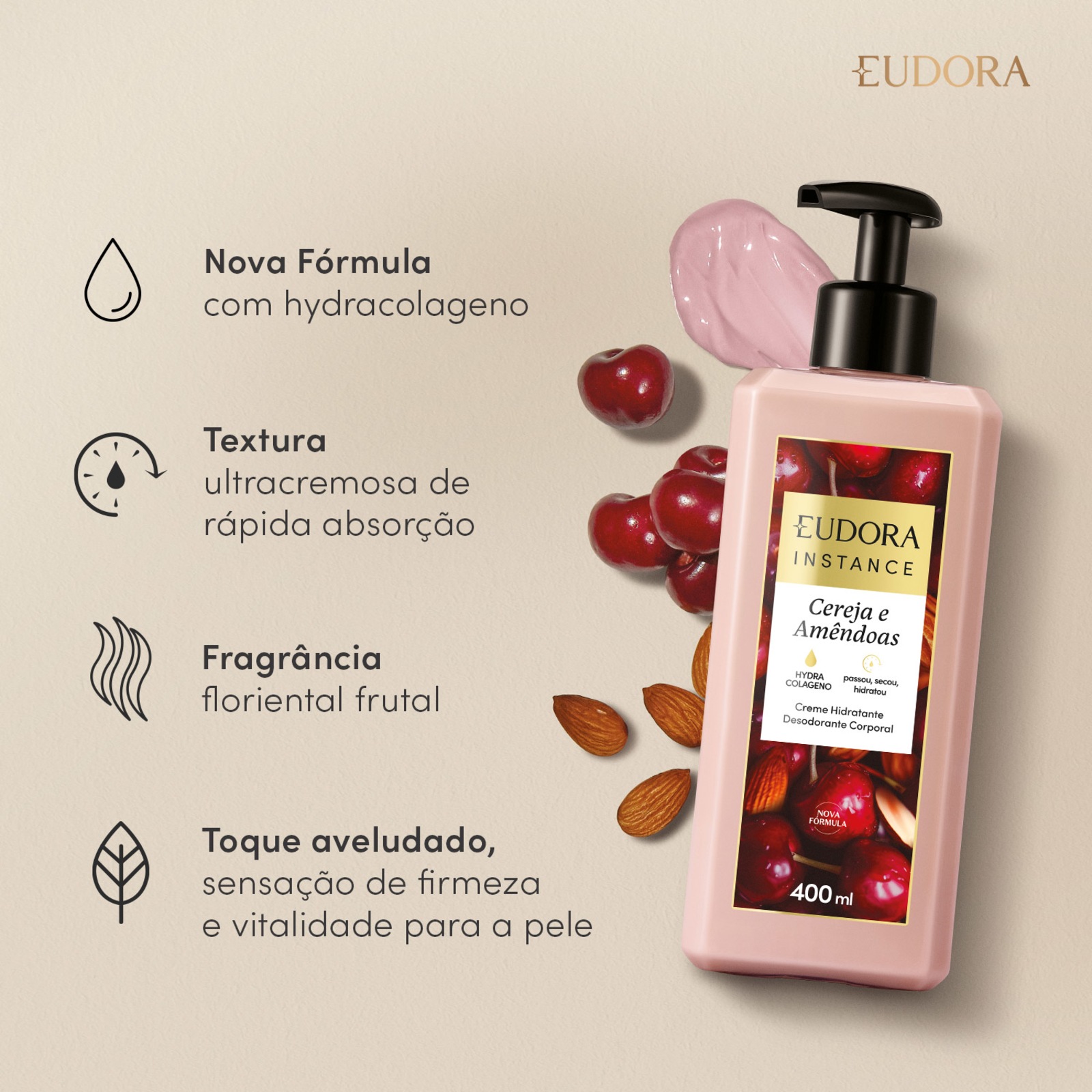 Instance Eudora Cereja e Amêndoas - Creme Hidratante Desodorante Corporal 400ml